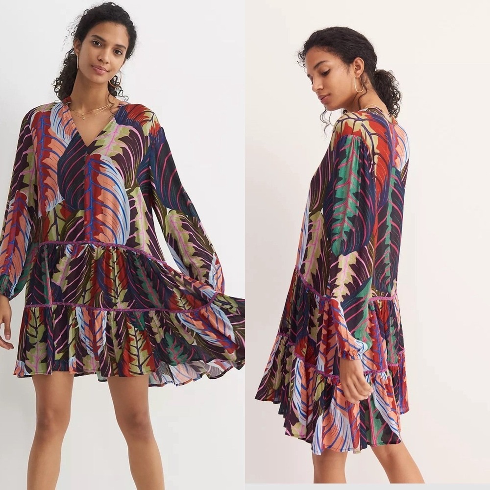 Anthropologie Bl-nk Agnese Tunic Dress Small Tropical Leaf Print V-Neck Boho Red